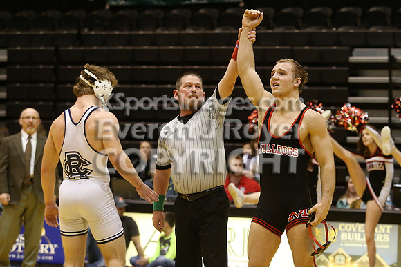 At 170, Jacob Mintzmyer, Marysville defeated Mikey Waggoner, Riley County 9-4 in the 3-2-1A 2017 KSHSAA Wrestling Championship Finals, Saturday, February 25, 2017.