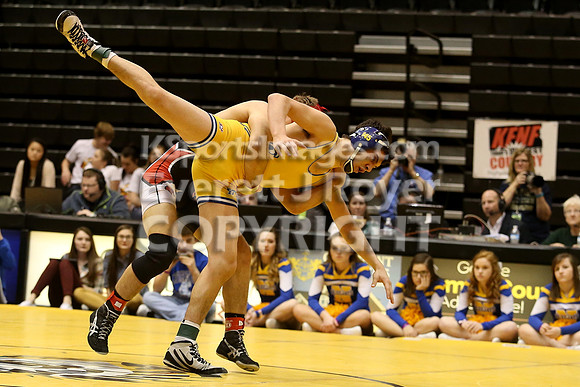 At 152, Christopher Ball, Hoisington defeated Trenton Wright, Nortonin by Fall in the 3-2-1A 2017 KSHSAA Wrestling Championship Finals, Saturday, February 25, 2017.