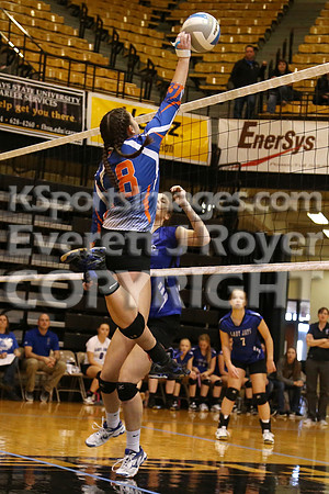 Otis-Bison defeated Beloit St. John's-Tipton in a semifinal game at the KSHSAA Class 1AD2 Volleyball State Championship on Saturday, October 28, 2017.  (Photo: Everett Royer, www.ksportsimages.com)