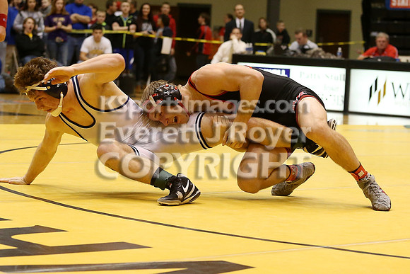 At 170, Jacob Mintzmyer, Marysville defeated Mikey Waggoner, Riley County 9-4 in the 3-2-1A 2017 KSHSAA Wrestling Championship Finals, Saturday, February 25, 2017.