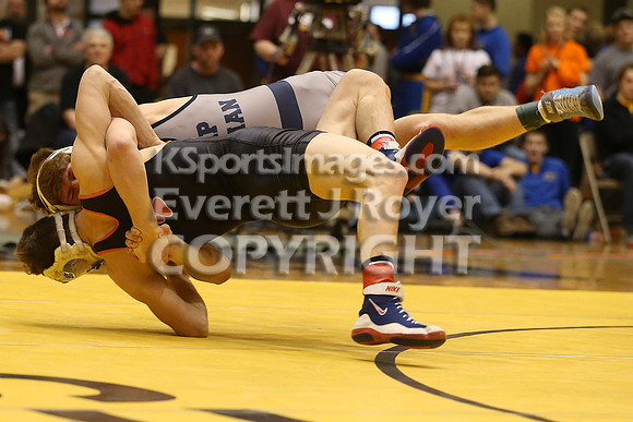 At 138, Hunter Ostertag, Effingham-Atchison County defeated  Tucker Rhoades, Hays-TMP 5-2  in the 3-2-1A 2017 KSHSAA Wrestling Championship Finals, Saturday, February 25, 2017.
