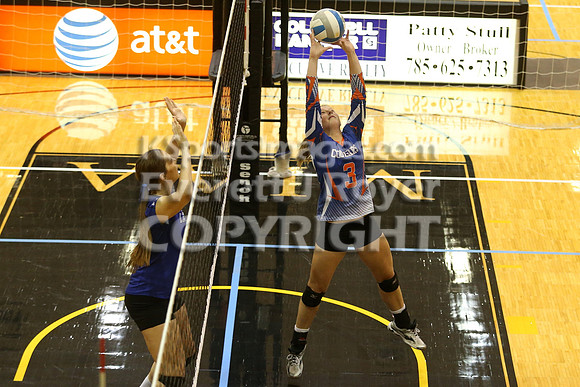 Otis-Bison defeated Beloit St. John's-Tipton in a semifinal game at the KSHSAA Class 1AD2 Volleyball State Championship on Saturday, October 28, 2017.  (Photo: Everett Royer, www.ksportsimages.com)
