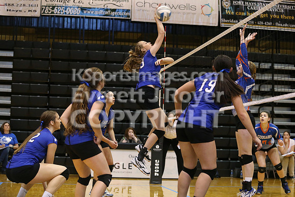 Otis-Bison defeated Beloit St. John's-Tipton in a semifinal game at the KSHSAA Class 1AD2 Volleyball State Championship on Saturday, October 28, 2017.  (Photo: Everett Royer, www.ksportsimages.com)