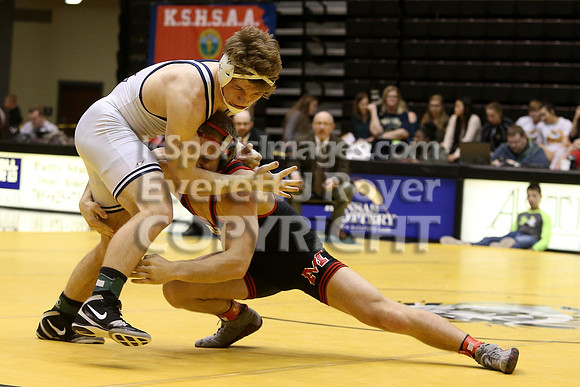 At 170, Jacob Mintzmyer, Marysville defeated Mikey Waggoner, Riley County 9-4 in the 3-2-1A 2017 KSHSAA Wrestling Championship Finals, Saturday, February 25, 2017.