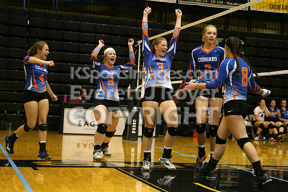 Otis-Bison defeated Beloit St. John's-Tipton in a semifinal game at the KSHSAA Class 1AD2 Volleyball State Championship on Saturday, October 28, 2017.  (Photo: Everett Royer, www.ksportsimages.com)