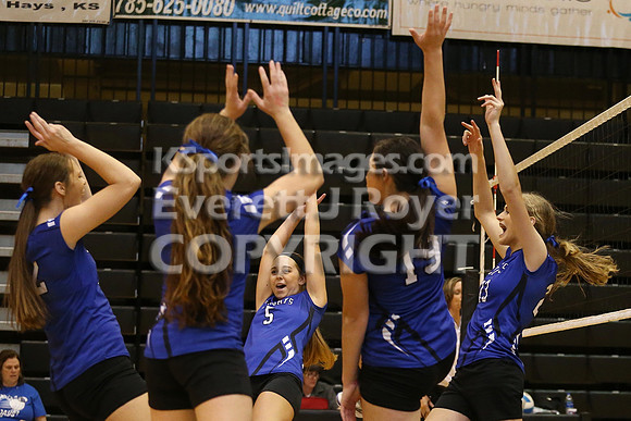 Otis-Bison defeated Beloit St. John's-Tipton in a semifinal game at the KSHSAA Class 1AD2 Volleyball State Championship on Saturday, October 28, 2017.  (Photo: Everett Royer, www.ksportsimages.com)