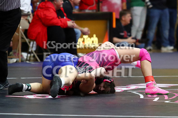 Kaylynn Crawford (Ellinwood HS) 26-16, Fr. over Angela Berreras (Leoti-Wichita County HS) 33-15, So. (Fall 3:25)