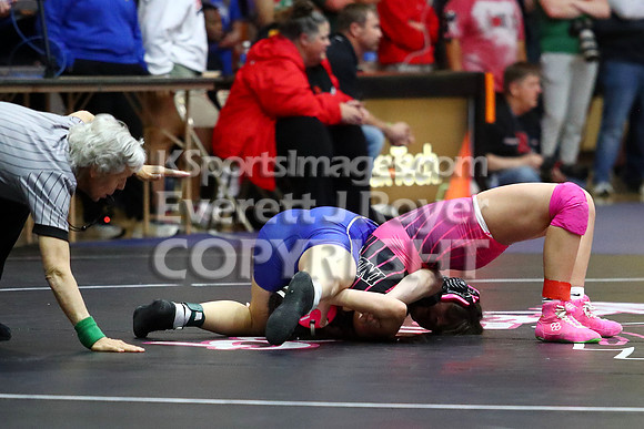 Kaylynn Crawford (Ellinwood HS) 26-16, Fr. over Angela Berreras (Leoti-Wichita County HS) 33-15, So. (Fall 3:25)