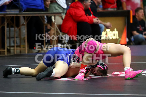 Kaylynn Crawford (Ellinwood HS) 26-16, Fr. over Angela Berreras (Leoti-Wichita County HS) 33-15, So. (Fall 3:25)